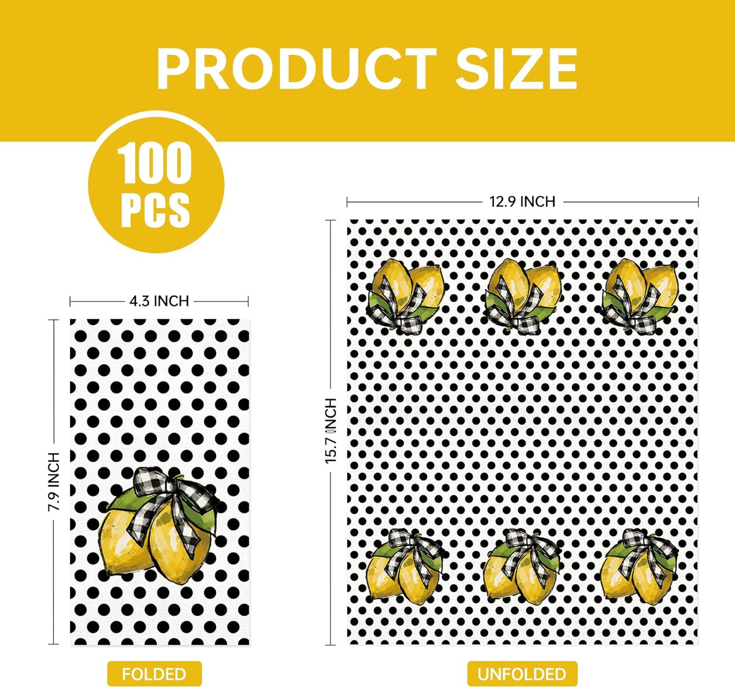 100 Count Summer Disposable Napkins Black Polka Dots Lemon Cocktail Napkins Decorative Luncheon Dinner Paper Guest Hand Towels for Birthday Wedding Kitchen Bathroom Party Supplies 4.3x7.8 Inch