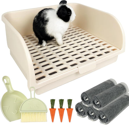 Rabbit Litter Box for Cage with Grate, Large Rabbit Litter Pan for Bunny, Ferret, Guinea Pig, Chinchilla, Easy Clean Small Animal Potty Tray for Toilet Training (Cream)