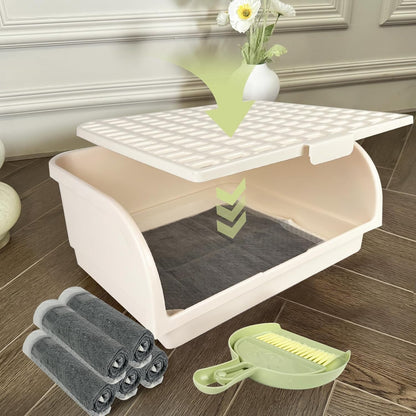 Rabbit Litter Box for Cage with Grate, Large Rabbit Litter Pan for Bunny, Ferret, Guinea Pig, Chinchilla, Easy Clean Small Animal Potty Tray for Toilet Training (Cream)