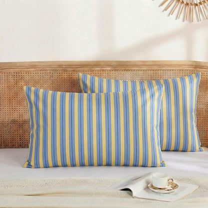 Blue & Yellow Striped Pillowcases, 100% Cotton Pillow Cases, King Size Pillowcases, Soft Breathable Ribbon Stripe Pillow Covers, Set of 2