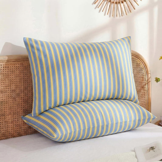 Blue & Yellow Striped Pillowcases, 100% Cotton Pillow Cases, King Size Pillowcases, Soft Breathable Ribbon Stripe Pillow Covers, Set of 2