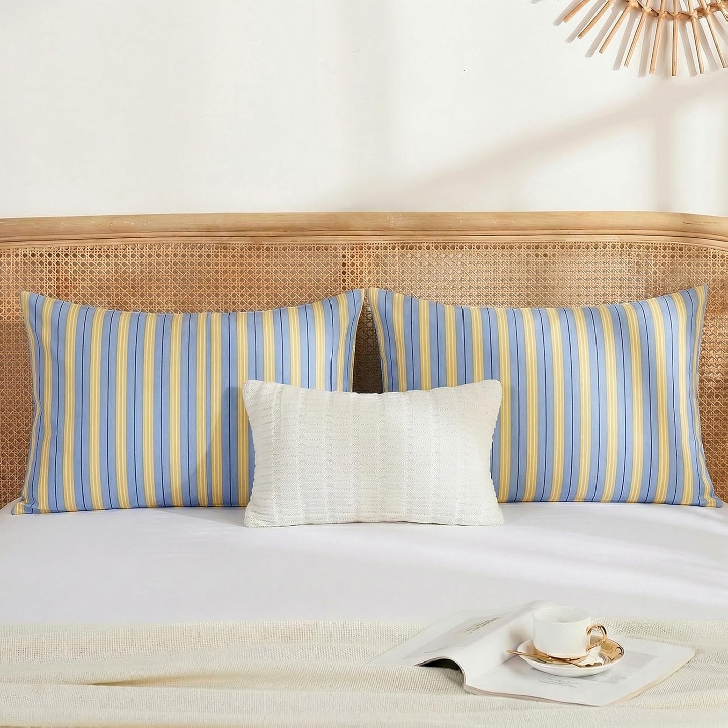 Blue & Yellow Striped Pillowcases, 100% Cotton Pillow Cases, King Size Pillowcases, Soft Breathable Ribbon Stripe Pillow Covers, Set of 2