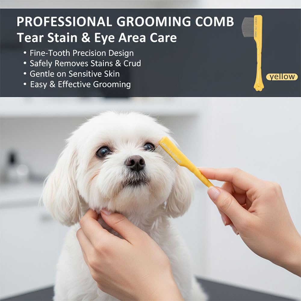 Pet Grooming Set, Yellow, Tear Stain Removal Comb with Knife Tool, Rounded Tips for Dogs and Cats, Daily Use,2pack