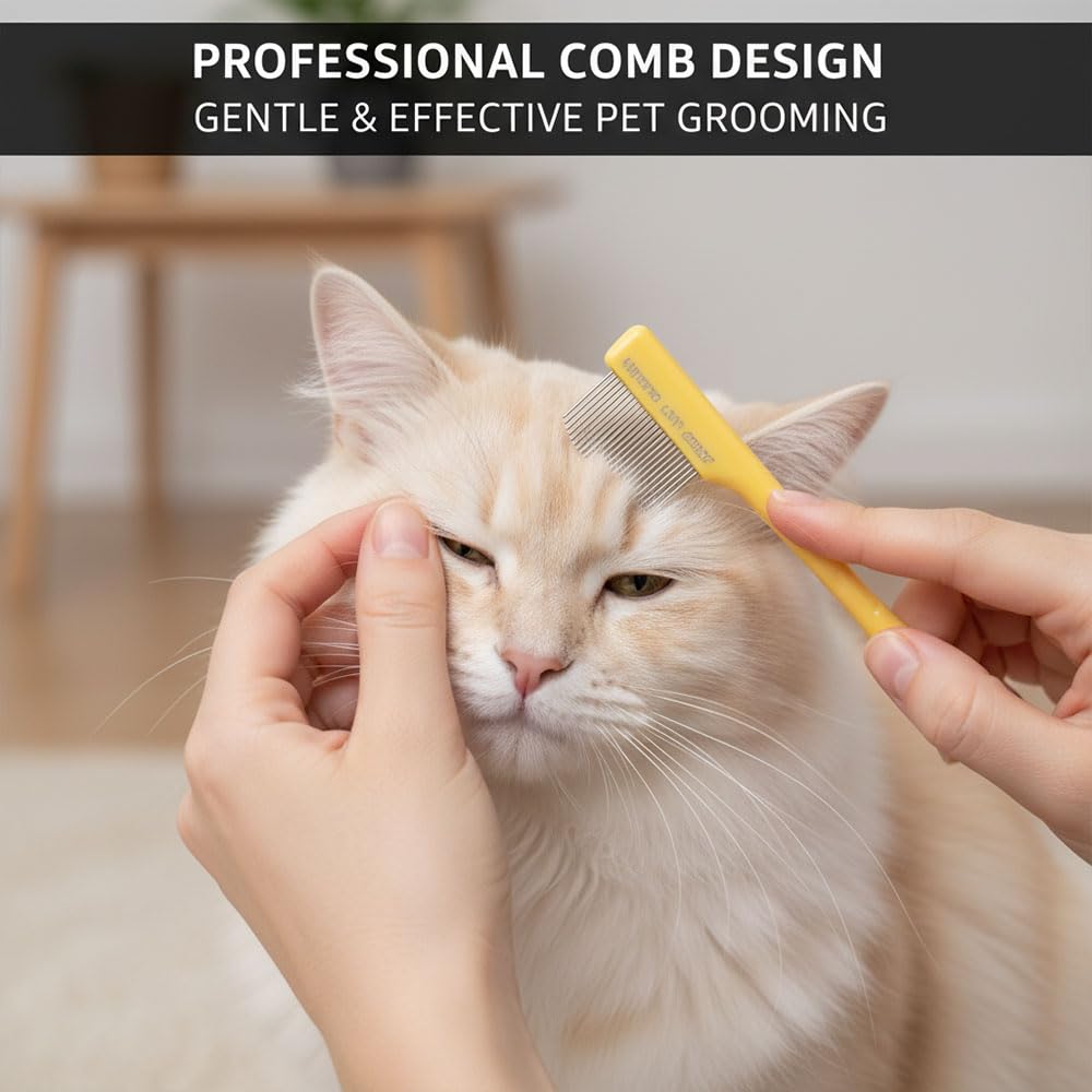 Pet Grooming Set, Yellow, Tear Stain Removal Comb with Knife Tool, Rounded Tips for Dogs and Cats, Daily Use,2pack