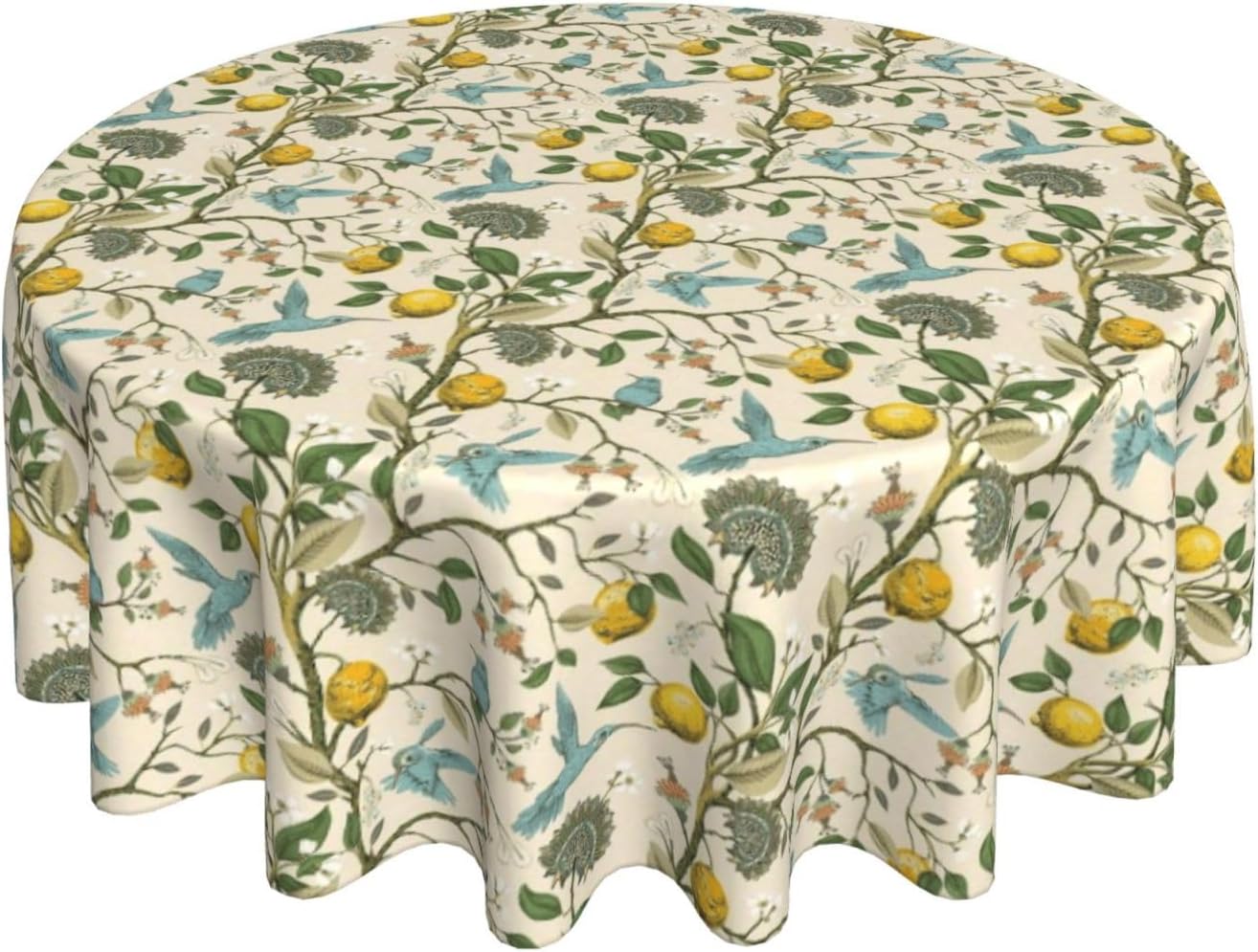 Chinoiserie Round Tablecloths 70 Inches Blue Yellow Floral Birds Decorative Round Tablecloth Home Decoration Washable Reusable Circle Yellow Lemon Table Cover for Home Kitchen Dining Room Party