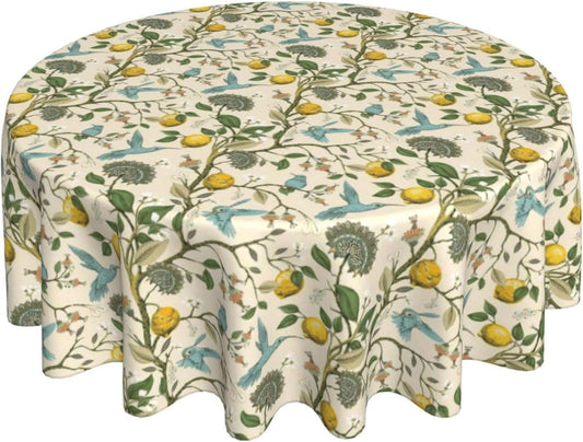 Chinoiserie Round Tablecloths 70 Inches Blue Yellow Floral Birds Decorative Round Tablecloth Home Decoration Washable Reusable Circle Yellow Lemon Table Cover for Home Kitchen Dining Room Party
