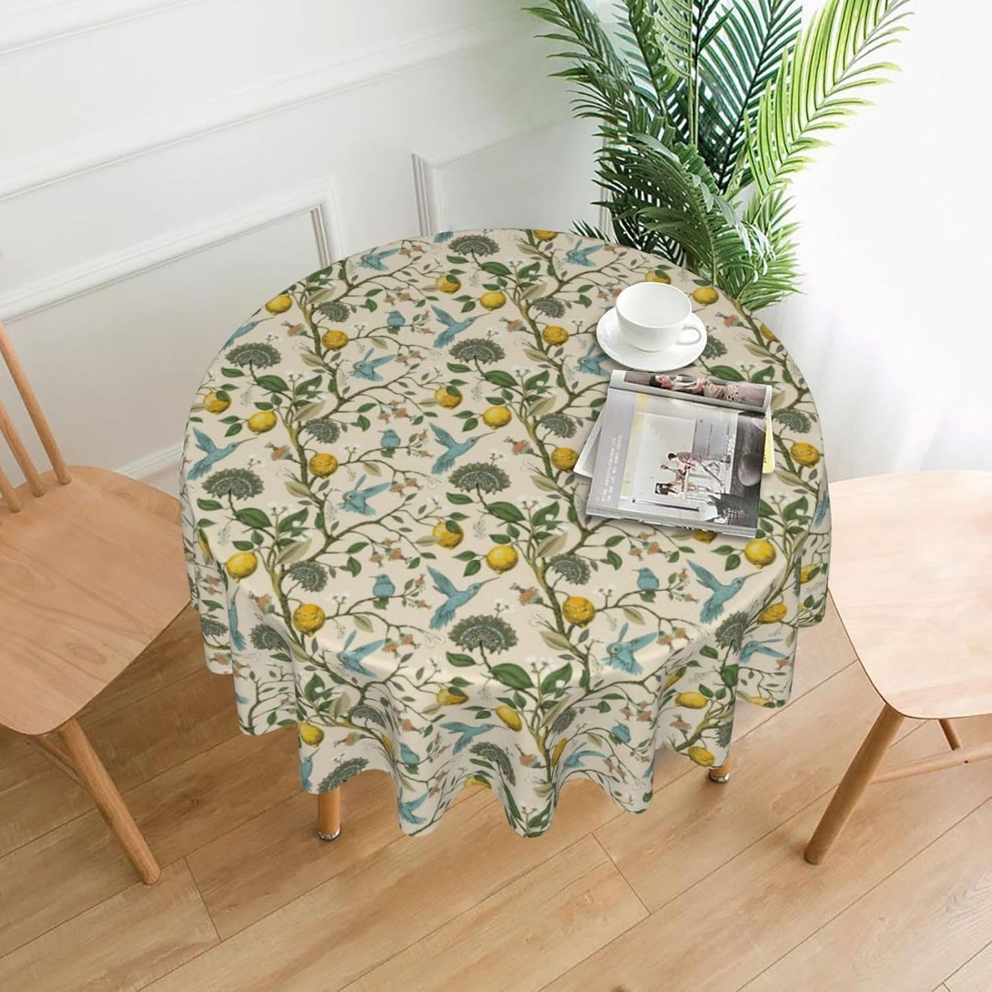 Chinoiserie Round Tablecloths 70 Inches Blue Yellow Floral Birds Decorative Round Tablecloth Home Decoration Washable Reusable Circle Yellow Lemon Table Cover for Home Kitchen Dining Room Party