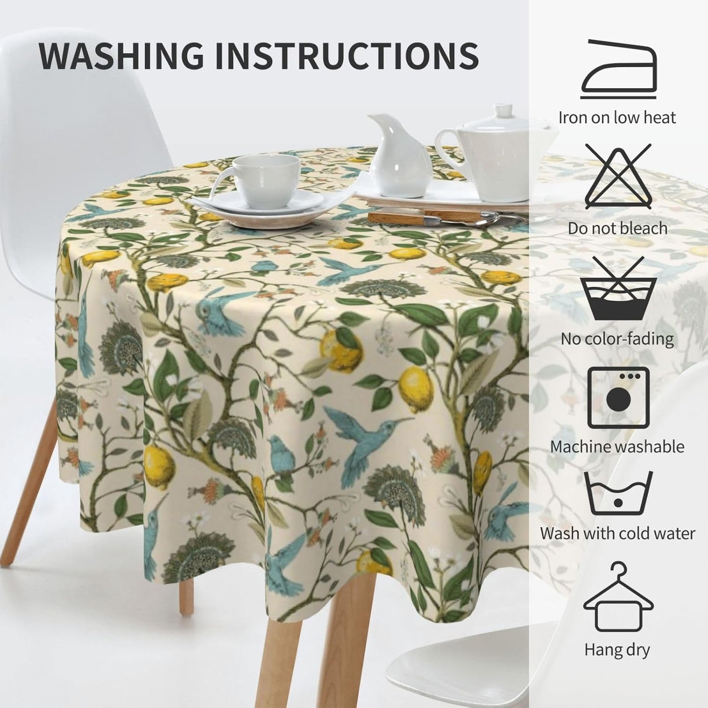 Chinoiserie Round Tablecloths 70 Inches Blue Yellow Floral Birds Decorative Round Tablecloth Home Decoration Washable Reusable Circle Yellow Lemon Table Cover for Home Kitchen Dining Room Party