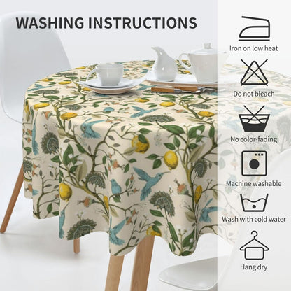 Chinoiserie Round Tablecloths 70 Inches Blue Yellow Floral Birds Decorative Round Tablecloth Home Decoration Washable Reusable Circle Yellow Lemon Table Cover for Home Kitchen Dining Room Party