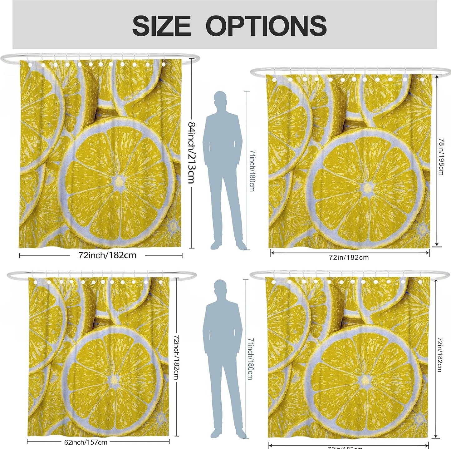 Lemon Shower Curtain, Bright Yellow Citrus Bathroom Decor, Summer Fresh Modern Aesthetic Waterproof Fabric Shower Curtain with Hooks 62x72 Inch
