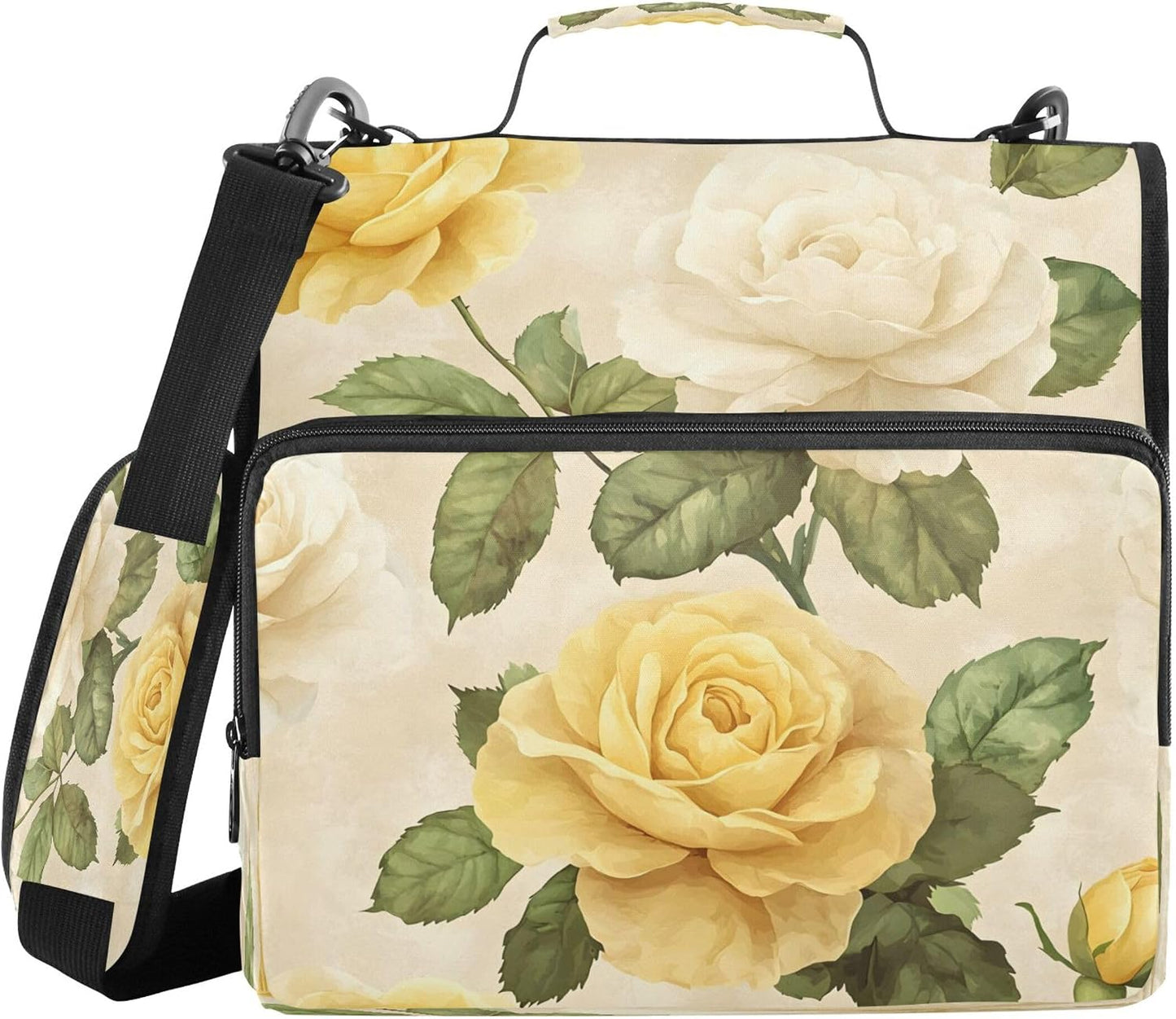 Yellow White Roses Zipper Binder 3 Ring Binder Bag with Expanding File & Shoulder Strap Fits 13 Inch Laptop Tablet Multiple Pockets for Office Work