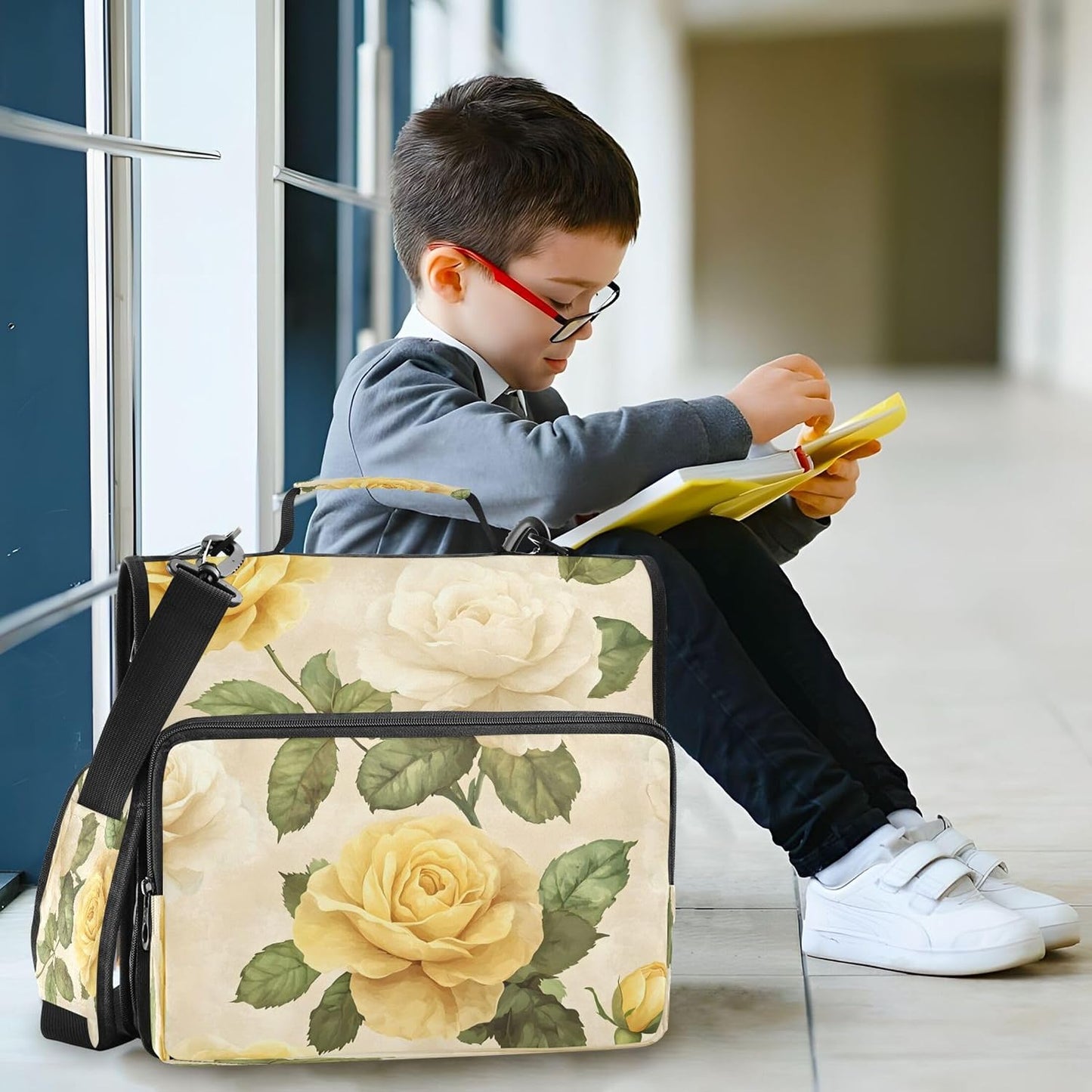 Yellow White Roses Zipper Binder 3 Ring Binder Bag with Expanding File & Shoulder Strap Fits 13 Inch Laptop Tablet Multiple Pockets for Office Work