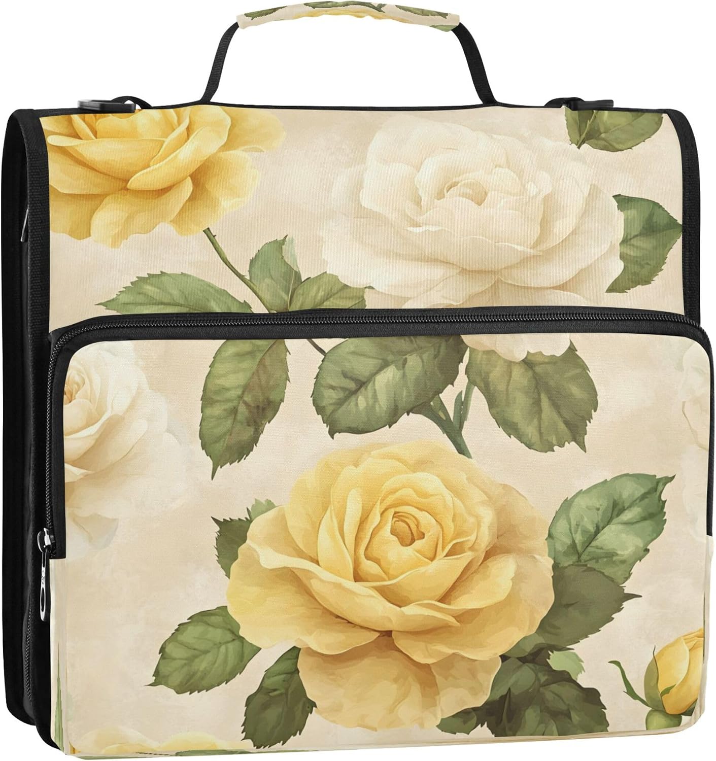 Yellow White Roses Zipper Binder 3 Ring Binder Bag with Expanding File & Shoulder Strap Fits 13 Inch Laptop Tablet Multiple Pockets for Office Work