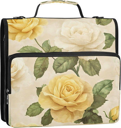 Yellow White Roses Zipper Binder 3 Ring Binder Bag with Expanding File & Shoulder Strap Fits 13 Inch Laptop Tablet Multiple Pockets for Office Work