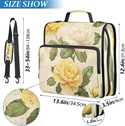 Yellow White Roses Zipper Binder 3 Ring Binder Bag with Expanding File & Shoulder Strap Fits 13 Inch Laptop Tablet Multiple Pockets for Office Work