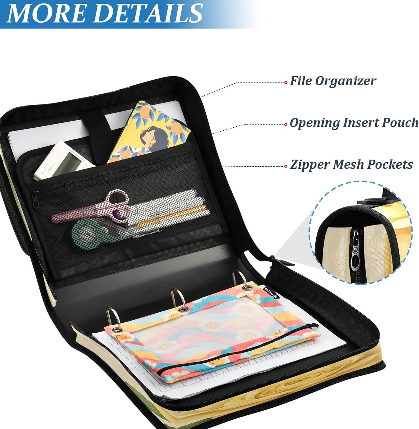 Yellow White Roses Zipper Binder 3 Ring Binder Bag with Expanding File & Shoulder Strap Fits 13 Inch Laptop Tablet Multiple Pockets for Office Work