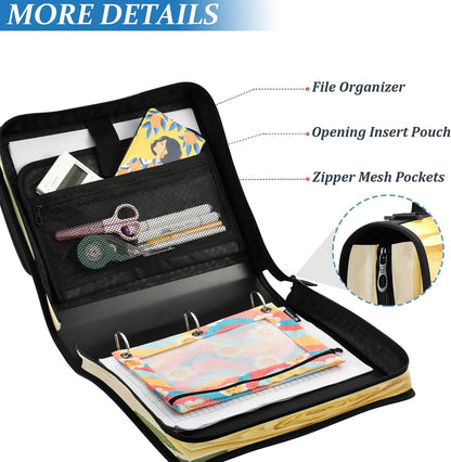 Yellow White Roses Zipper Binder 3 Ring Binder Bag with Expanding File & Shoulder Strap Fits 13 Inch Laptop Tablet Multiple Pockets for Office Work