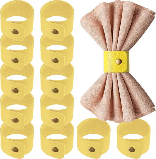 12 PCS Yellow Leather Napkin Rings Rustic Napkin Buckle Vintage Leather Napkin Ring Holder for Christmas, Thanksgiving, Wedding, Fall Birthdays Valentine Party Table Decoration Table Napkin Ring