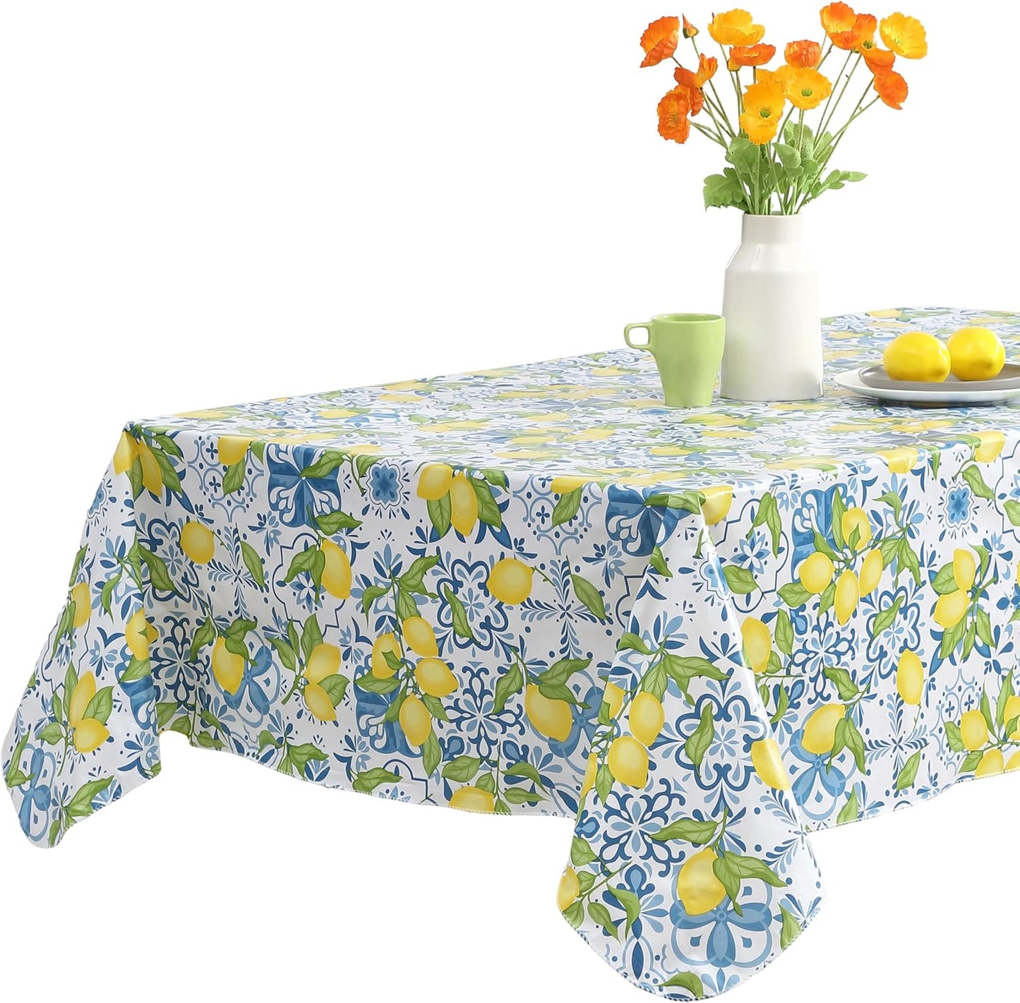 Newbridge Capri Lemon 52x70 Inch Rectangle Vinyl Tablecloth Flannel Backed | Blue Mediterranean Tile and Yellow Lemon Print, Easy Care Wipe Clean, Indoor Outdoor Table Cover