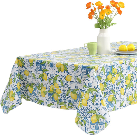 Newbridge Capri Lemon 52x70 Inch Rectangle Vinyl Tablecloth Flannel Backed | Blue Mediterranean Tile and Yellow Lemon Print, Easy Care Wipe Clean, Indoor Outdoor Table Cover