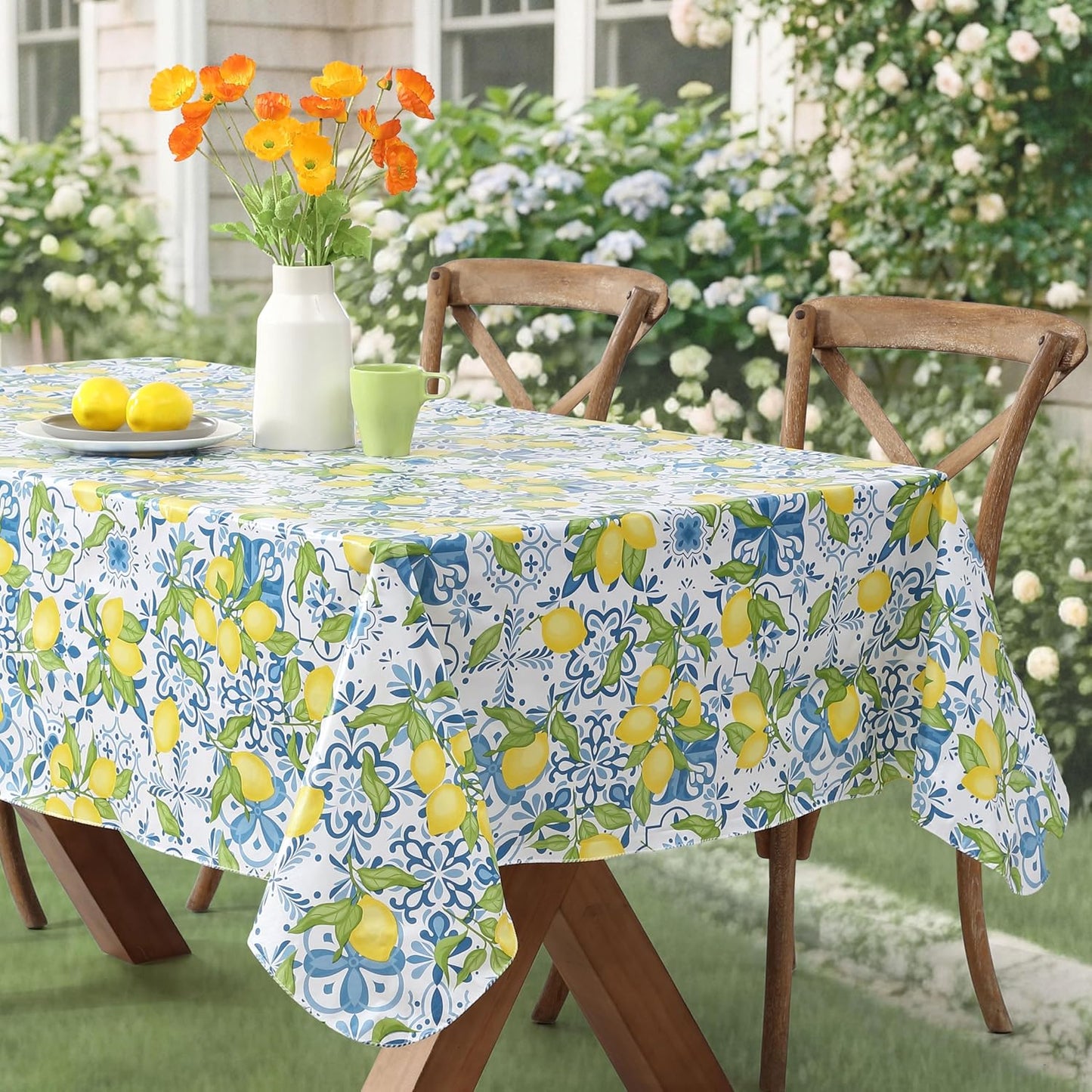 Newbridge Capri Lemon 52x70 Inch Rectangle Vinyl Tablecloth Flannel Backed | Blue Mediterranean Tile and Yellow Lemon Print, Easy Care Wipe Clean, Indoor Outdoor Table Cover