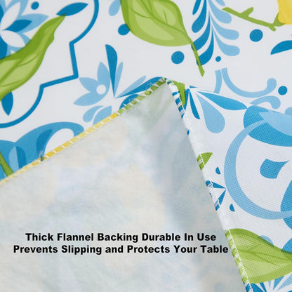 Newbridge Capri Lemon 52x70 Inch Rectangle Vinyl Tablecloth Flannel Backed | Blue Mediterranean Tile and Yellow Lemon Print, Easy Care Wipe Clean, Indoor Outdoor Table Cover