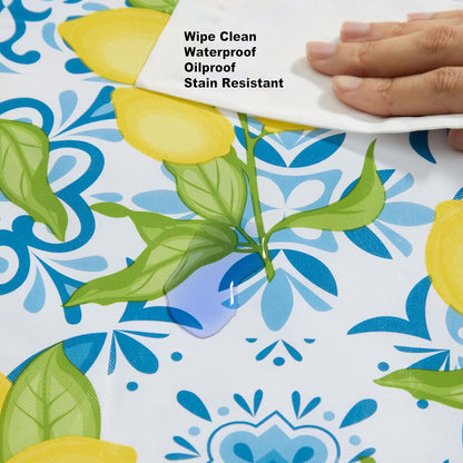Newbridge Capri Lemon 52x70 Inch Rectangle Vinyl Tablecloth Flannel Backed | Blue Mediterranean Tile and Yellow Lemon Print, Easy Care Wipe Clean, Indoor Outdoor Table Cover