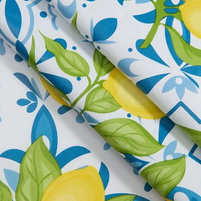 Newbridge Capri Lemon 52x70 Inch Rectangle Vinyl Tablecloth Flannel Backed | Blue Mediterranean Tile and Yellow Lemon Print, Easy Care Wipe Clean, Indoor Outdoor Table Cover