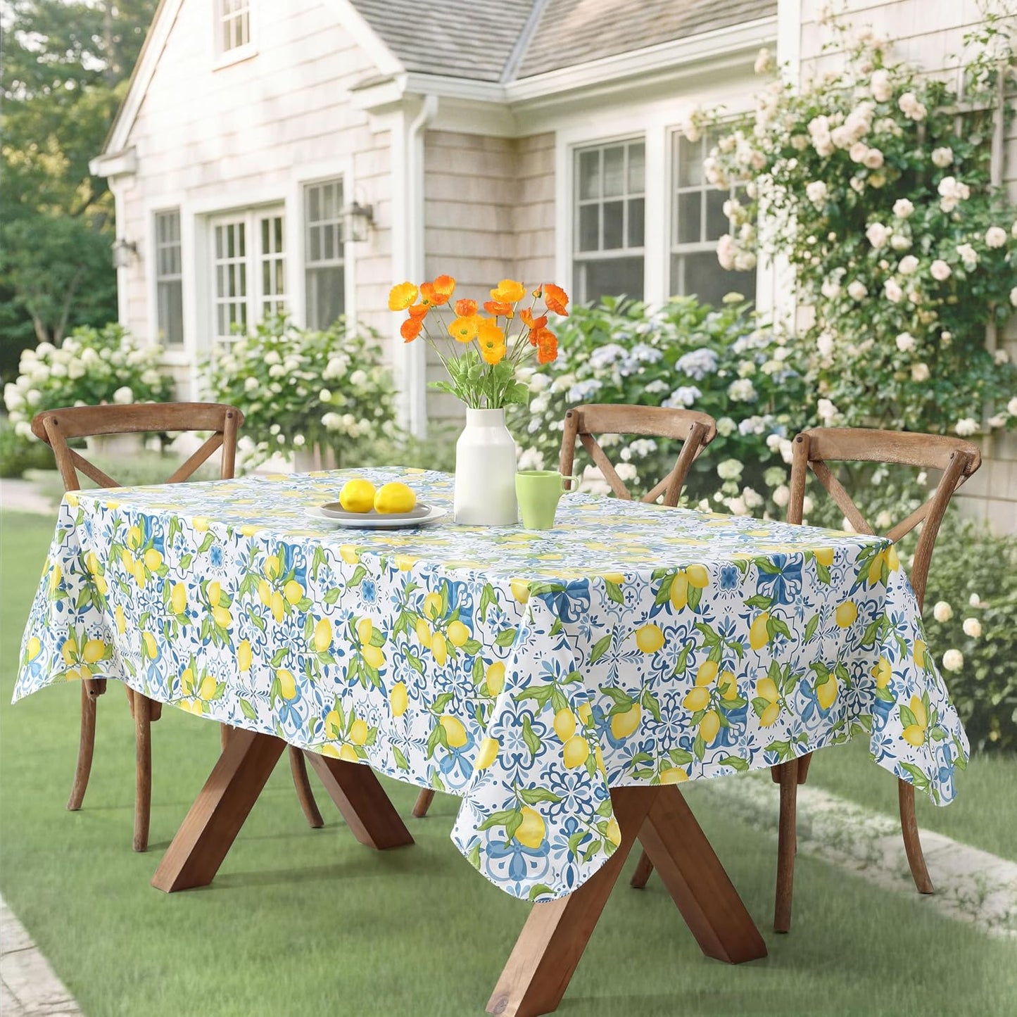 Newbridge Capri Lemon 52x70 Inch Rectangle Vinyl Tablecloth Flannel Backed | Blue Mediterranean Tile and Yellow Lemon Print, Easy Care Wipe Clean, Indoor Outdoor Table Cover