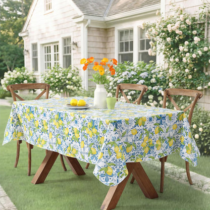 Newbridge Capri Lemon 52x70 Inch Rectangle Vinyl Tablecloth Flannel Backed | Blue Mediterranean Tile and Yellow Lemon Print, Easy Care Wipe Clean, Indoor Outdoor Table Cover