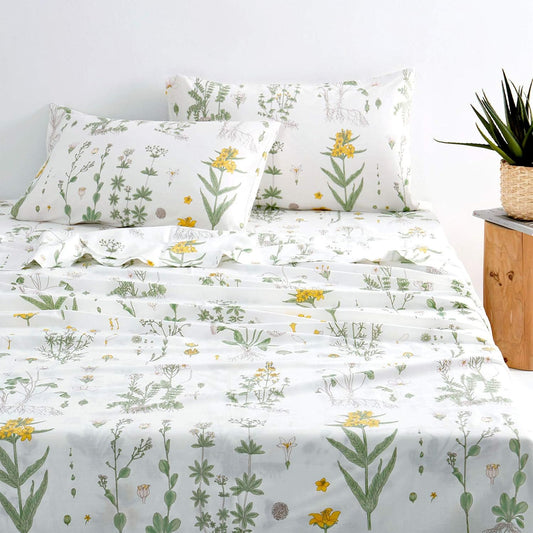 Botanical Bed Sheets, 100% Cotton, 4-Piece Sheet Set, Cute Floral Shabby Chic Cottagecore Coquette Flower Aesthetic Bedding, Deep Pocket, Yellow Green, Queen Size