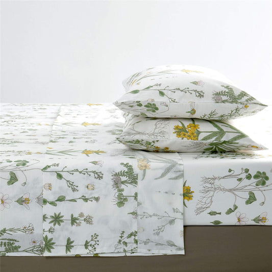 Botanical Bed Sheets, 100% Cotton, 4-Piece Sheet Set, Cute Floral Shabby Chic Cottagecore Coquette Flower Aesthetic Bedding, Deep Pocket, Yellow Green, Queen Size