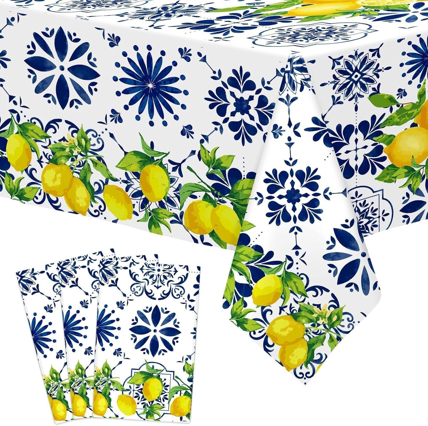 3Pcs Capri Lemon Tablecloth Birthday Party Decorations Disposable Blue Tile Plastic Table Covers Lemon Decor for Baby Shower Summer Spring Italian Themed Party Supplies 42 x 88 Inches