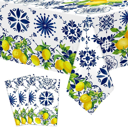 3Pcs Capri Lemon Tablecloth Birthday Party Decorations Disposable Blue Tile Plastic Table Covers Lemon Decor for Baby Shower Summer Spring Italian Themed Party Supplies 42 x 88 Inches