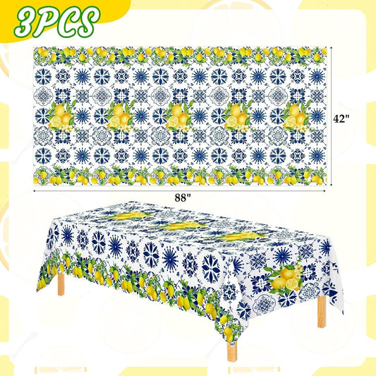 3Pcs Capri Lemon Tablecloth Birthday Party Decorations Disposable Blue Tile Plastic Table Covers Lemon Decor for Baby Shower Summer Spring Italian Themed Party Supplies 42 x 88 Inches