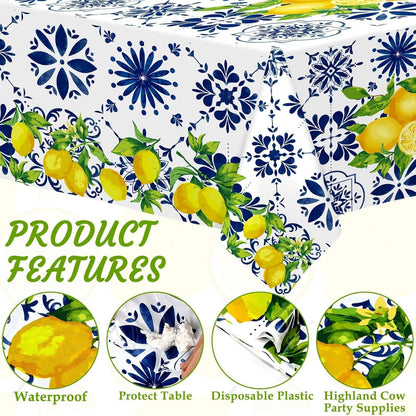 3Pcs Capri Lemon Tablecloth Birthday Party Decorations Disposable Blue Tile Plastic Table Covers Lemon Decor for Baby Shower Summer Spring Italian Themed Party Supplies 42 x 88 Inches