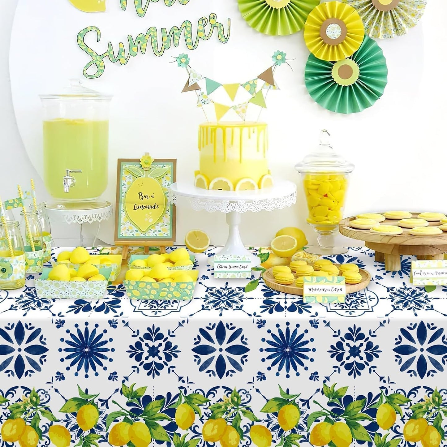 3Pcs Capri Lemon Tablecloth Birthday Party Decorations Disposable Blue Tile Plastic Table Covers Lemon Decor for Baby Shower Summer Spring Italian Themed Party Supplies 42 x 88 Inches