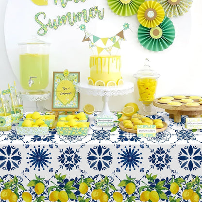 3Pcs Capri Lemon Tablecloth Birthday Party Decorations Disposable Blue Tile Plastic Table Covers Lemon Decor for Baby Shower Summer Spring Italian Themed Party Supplies 42 x 88 Inches