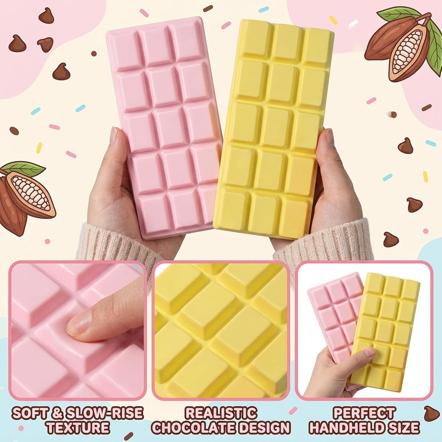 2PCS Chocolate Squishy, Novelty Yellow and Pink Chocolate Bars, Handheld Collectible Items for Home and Office Use, Distinctive Colors and Portable Design