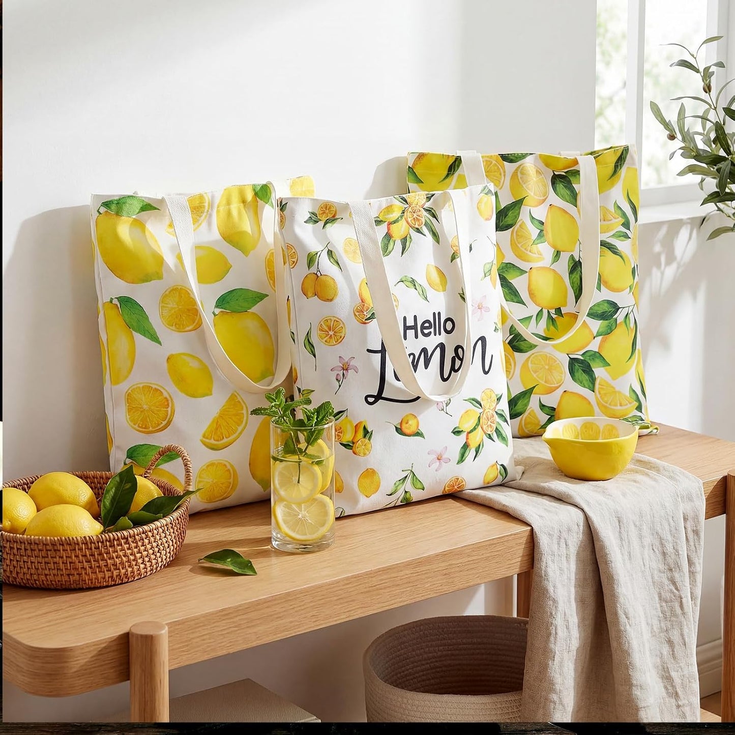 6 Pcs 15" Large Lemon Canvas Tote Bags Reusable Lemon Gifts Bag Summer Amalfi Coast Tote Bag, She Found Her Main Squeeze Capri Positano Italy Gifts for Bridal Shower Wedding Baby Shower