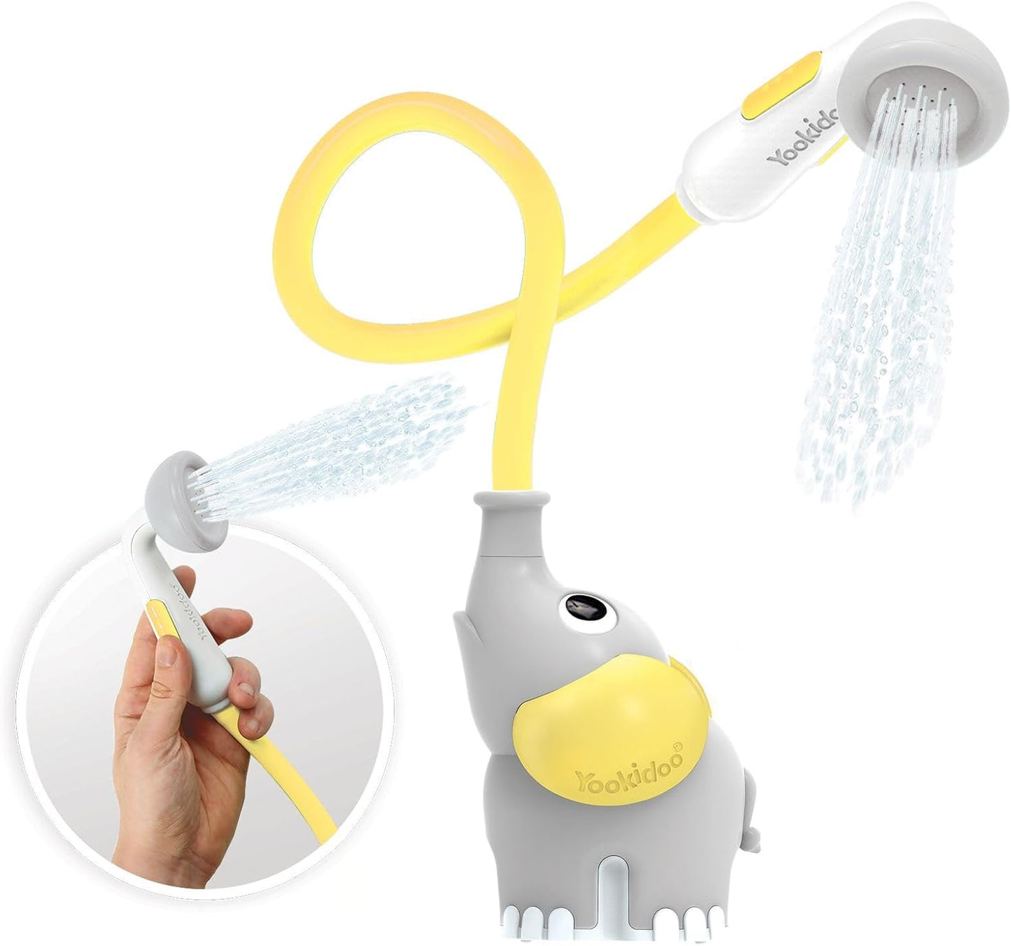 Baby Bath Shower Head - Elephant Water Pump and Trunk Spout Sprayer - One Handed Flow Control for Newborn Babies in Tub Or Sink (Yellow)