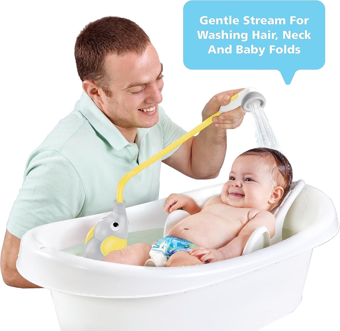 Baby Bath Shower Head - Elephant Water Pump and Trunk Spout Sprayer - One Handed Flow Control for Newborn Babies in Tub Or Sink (Yellow)