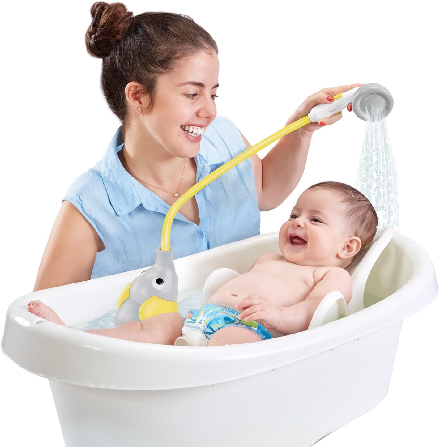 Baby Bath Shower Head - Elephant Water Pump and Trunk Spout Sprayer - One Handed Flow Control for Newborn Babies in Tub Or Sink (Yellow)