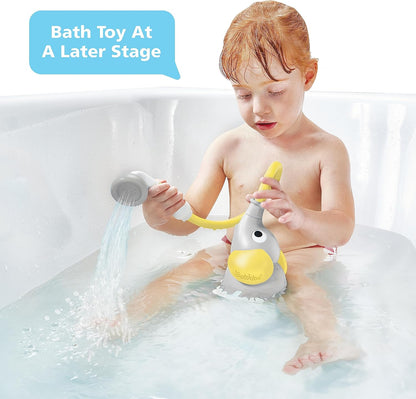 Baby Bath Shower Head - Elephant Water Pump and Trunk Spout Sprayer - One Handed Flow Control for Newborn Babies in Tub Or Sink (Yellow)