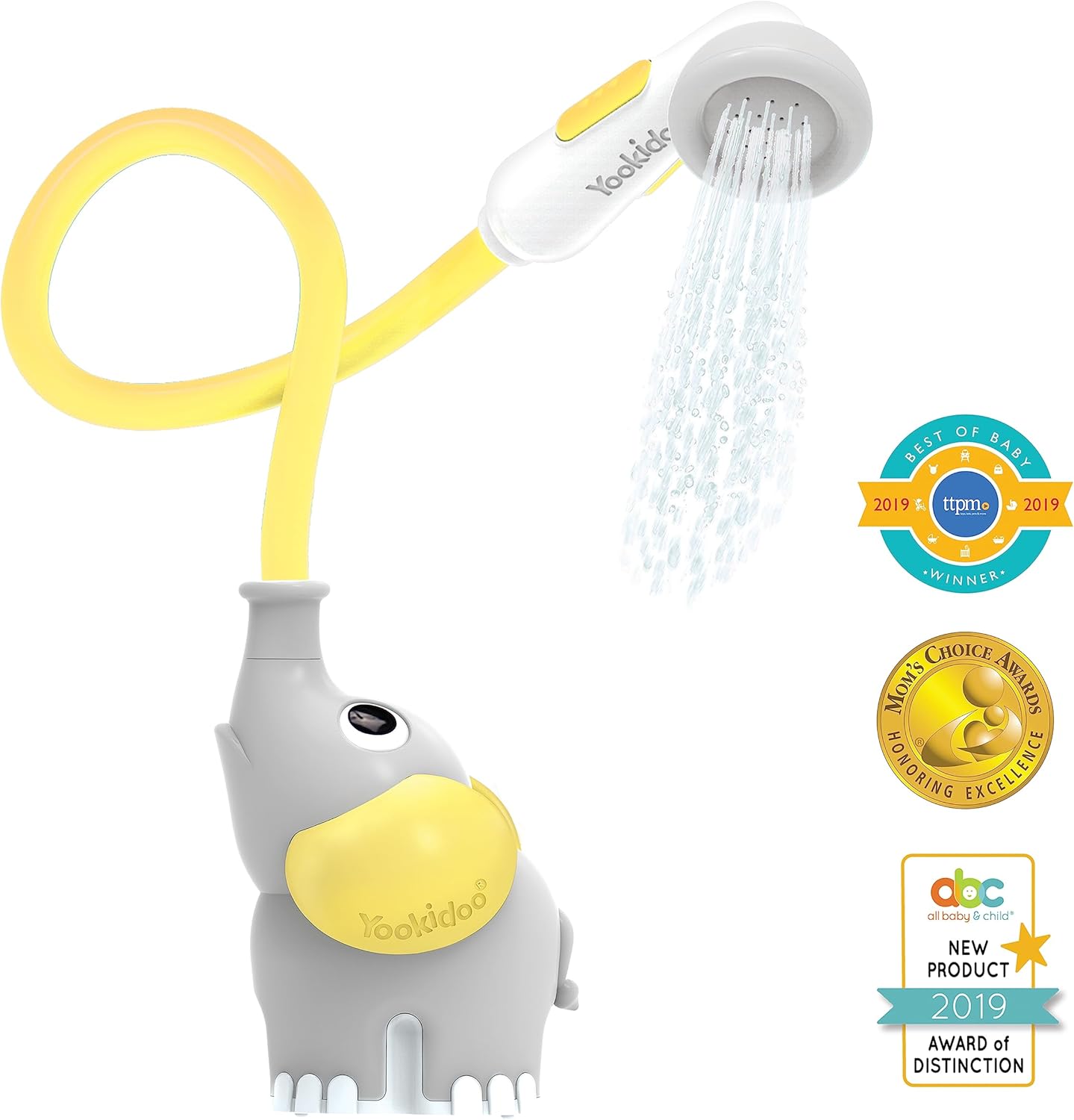 Baby Bath Shower Head - Elephant Water Pump and Trunk Spout Sprayer - One Handed Flow Control for Newborn Babies in Tub Or Sink (Yellow)