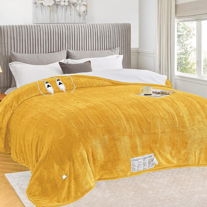 Heated Blanket Electric Queen Size 84"X90" Dual Control, Heating Blankets with 10 Levels 8 Hours Auto-Off, Soft Flannel Fluffy House Warming Gifts for Grandma Seniors Mom,Ginger Yellow