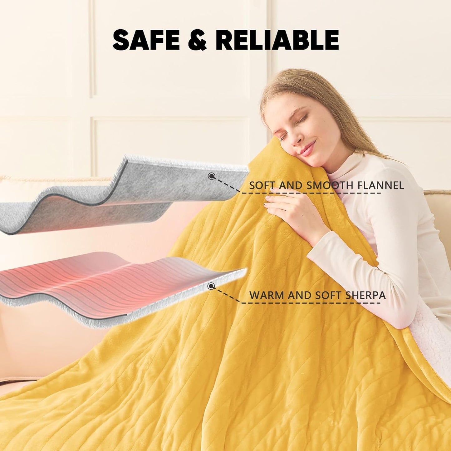 Heated Blanket Electric Queen Size 84"X90" Dual Control, Heating Blankets with 10 Levels 8 Hours Auto-Off, Soft Flannel Fluffy House Warming Gifts for Grandma Seniors Mom,Ginger Yellow