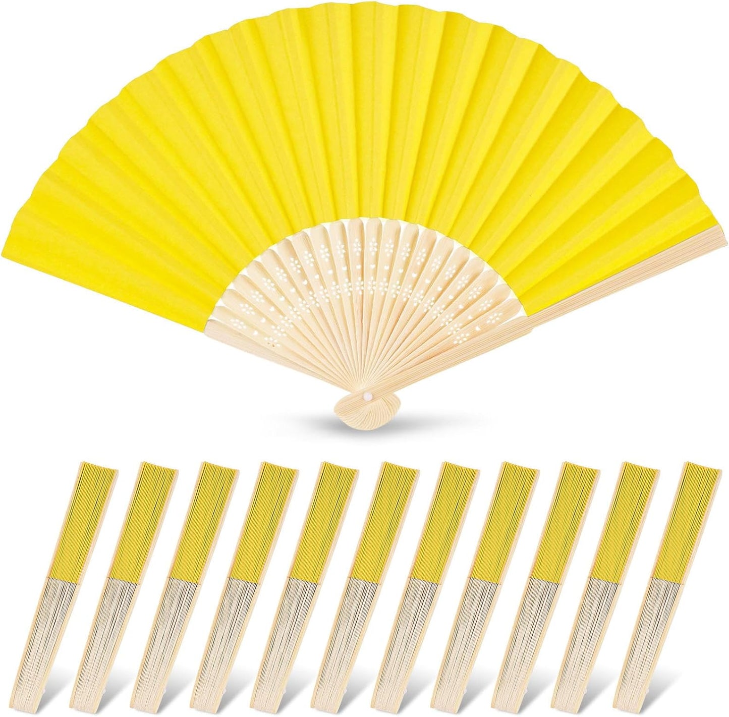 12 PCS Lemon Yellow Paper Fans Handheld, 8.3 Inch Folding Hand Fan | Lemon Party Decorations, Chinese and Japanese Style, Crafts for Wedding, Dancing, Hawaiian Beach Party Favors