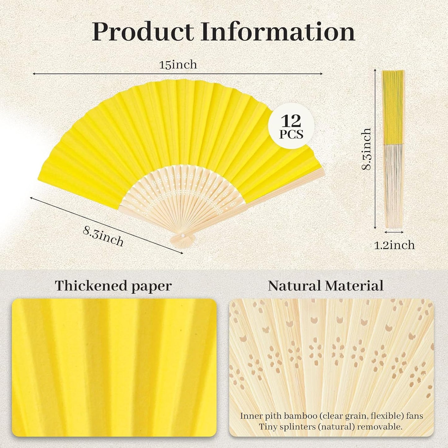 12 PCS Lemon Yellow Paper Fans Handheld, 8.3 Inch Folding Hand Fan | Lemon Party Decorations, Chinese and Japanese Style, Crafts for Wedding, Dancing, Hawaiian Beach Party Favors