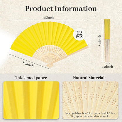 12 PCS Lemon Yellow Paper Fans Handheld, 8.3 Inch Folding Hand Fan | Lemon Party Decorations, Chinese and Japanese Style, Crafts for Wedding, Dancing, Hawaiian Beach Party Favors